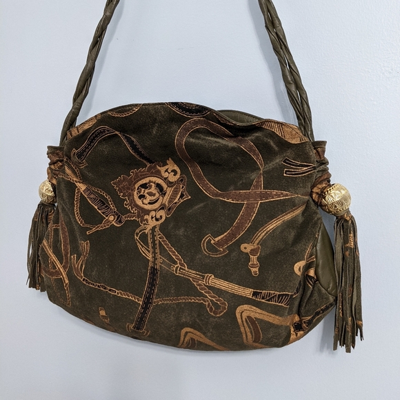 Vintage Park Avenue Olive Green Equestrian Horsebit Embossed Suede Leather Bag - Picture 4 of 12